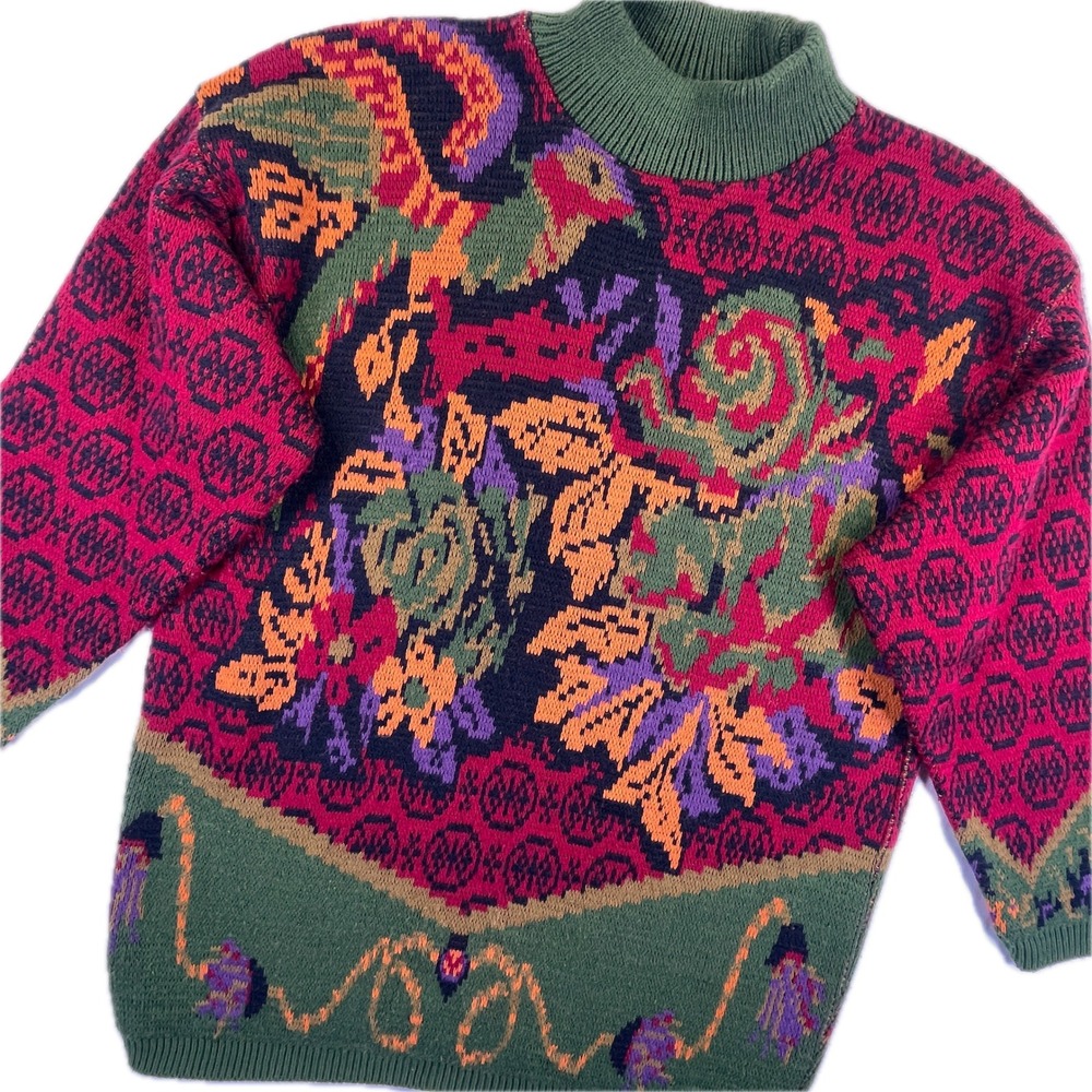 Arielle Vintage Floral Bird Intarsia Knit Sweater OS Green Pink Acrylic USA Made